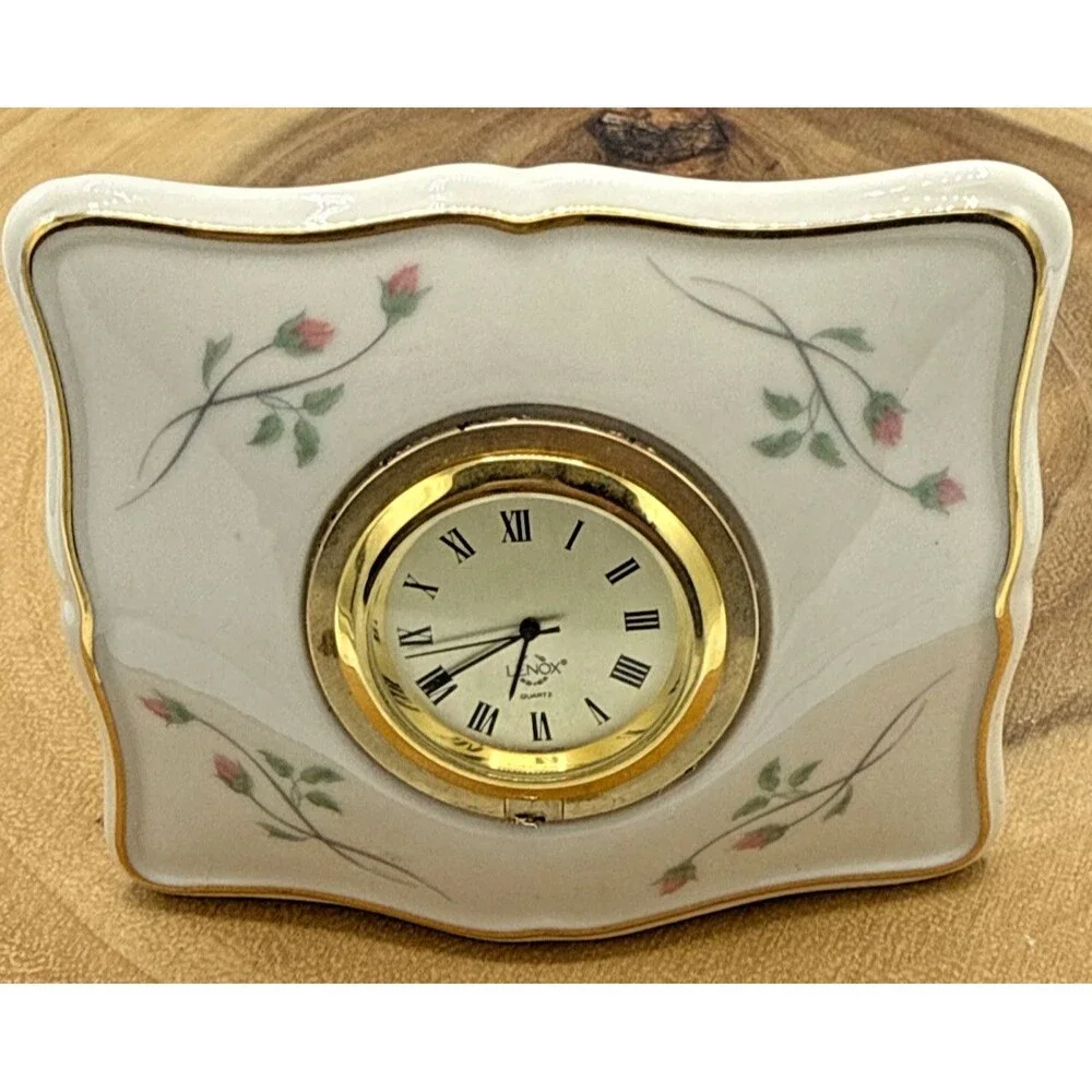 Vintage LENOX Petite Porcelain Table Clock -Rose Manor Floral Pattern 3 3/4